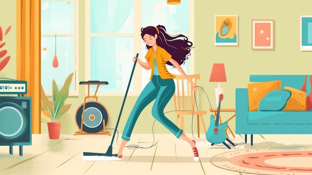 Limpeza de primavera vibrações alegre esposa caucasiana dançando através de tarefas limpando pisos e rocking out
