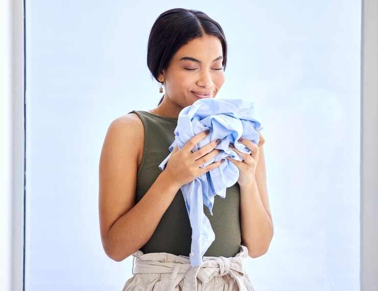 Foto limpeza de roupa e cheiro com mulher e roupas para fragrância fresca e aroma de limpeza tecido mais limpo e macio com menina desfrutando de perfume de detergente e higiênico no material