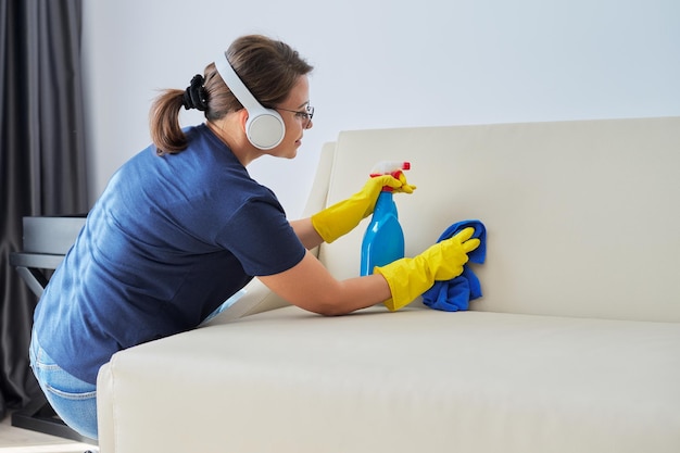 Limpeza doméstica, mulher em fones de ouvido com pano e spray com detergente lavando sofá de couro. Trabalho doméstico, limpeza, casa, conceito de limpeza