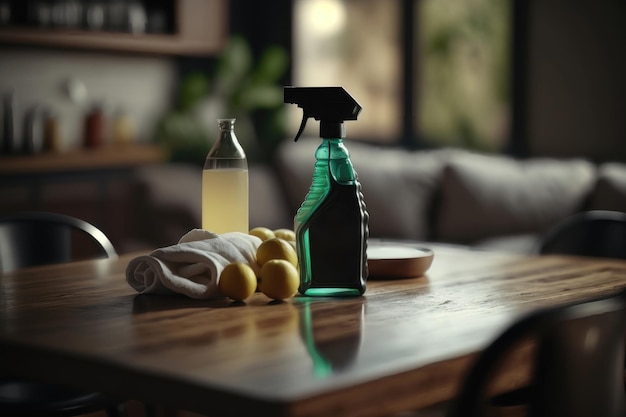 Foto limpeza doméstica sanitização da superfície da mesa da cozinha com spray desinfetante ai generation