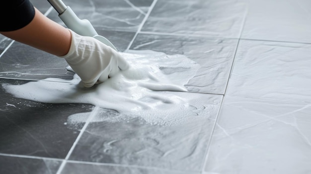 Limpeza eficiente de almofada Especialista em limpeza revive o chão de banheiro de azulejos cinzentos com lâmina de escova e espuma