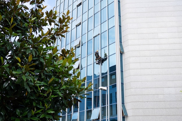 Limpiacristales trabajando en una fachada de vidrio suspendida