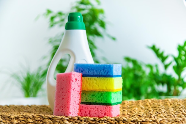 Limpiador doméstico ecológico y esponja con espuma Enfoque selectivo Naturaleza