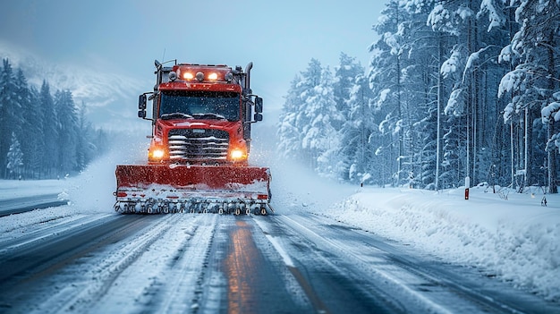 Un limpiador de nieve limpia una carretera después del invierno