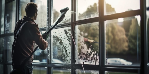 Limpiador de ventanas usando una escobilla de goma para lavar una ventana