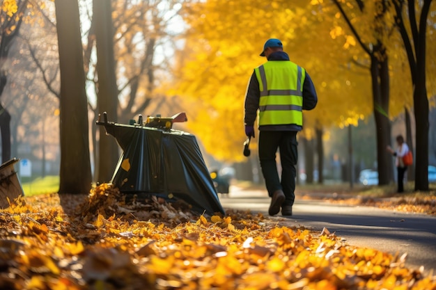 Foto los limpiadores de calles barren las hojas caídas al aire libre en un día de otoño hojas caídas amarillas limpieza de parques de la ciudad limpieza de calles limpieza en uniforme ilustración generativa de ia