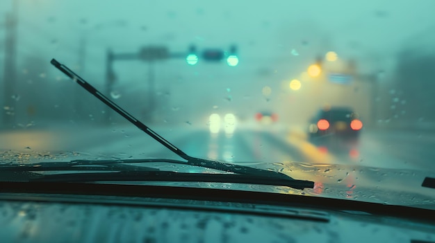 Los limpiadores de parabrisas de un coche se encienden mientras conduce a través de una fuerte lluvia