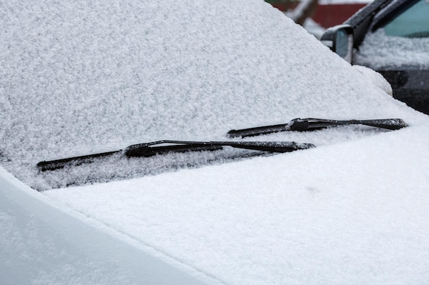 Limpiaparabrisas y capó cubiertos de nieve