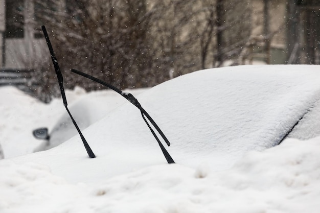 Limpiaparabrisas que sobresalen del coche cubierto de nieve a la luz del día nublado