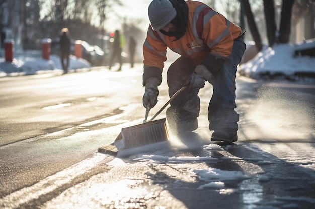 Limpiar el hielo de la acera con un trabajador rompiendo y raspando