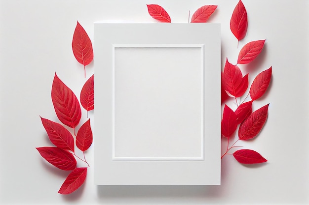 Limpie el espacio en blanco para la maqueta sobre fondo blanco con hojas rojas estilo Flat Lay