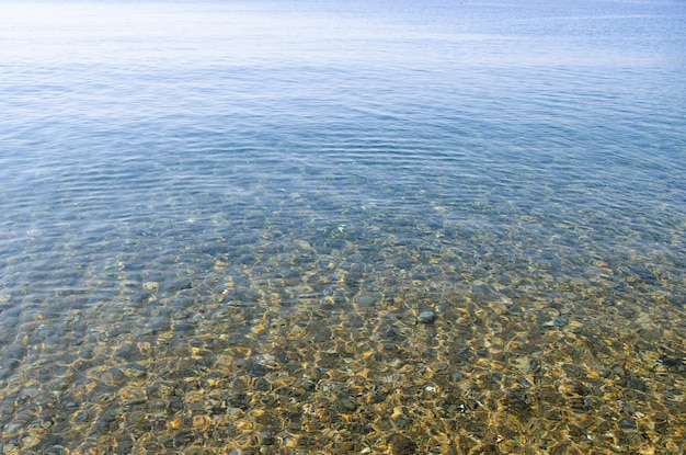 Limpie el fondo de agua clara y la arena en el océano azul.