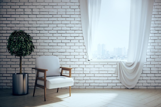 Limpie la habitación vacía con una cortina blanca de pared de ladrillo y una silla