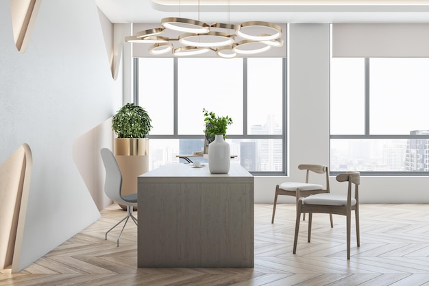 Limpie el interior de la oficina con equipo de escritorio de pisos de madera y vista de la ciudad 3D Rendering