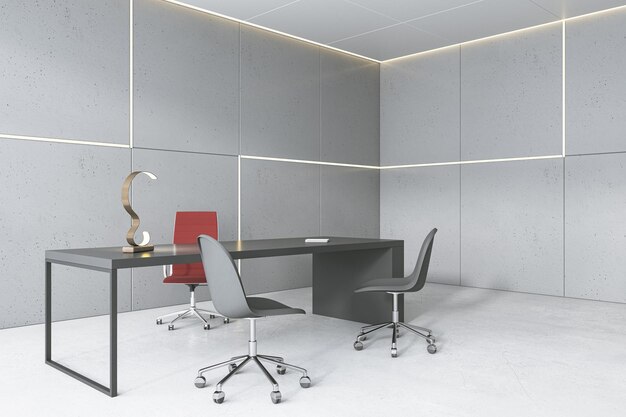 Limpie el interior de la oficina de hormigón con muebles 3D Rendering