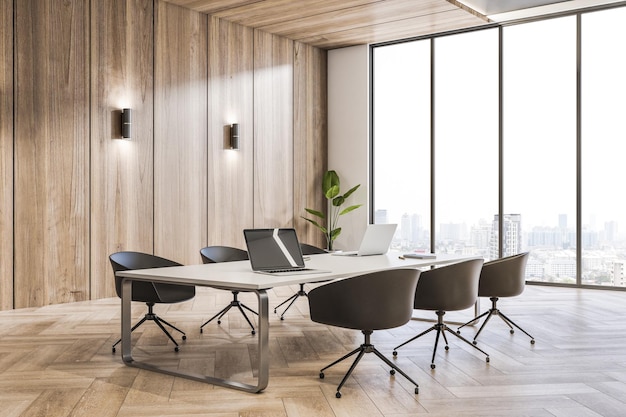 Limpie el interior de la sala de conferencias de madera con muebles y ventanas con vistas a la ciudad y la ventana Diseño y concepto de lugar de trabajo Representación 3D