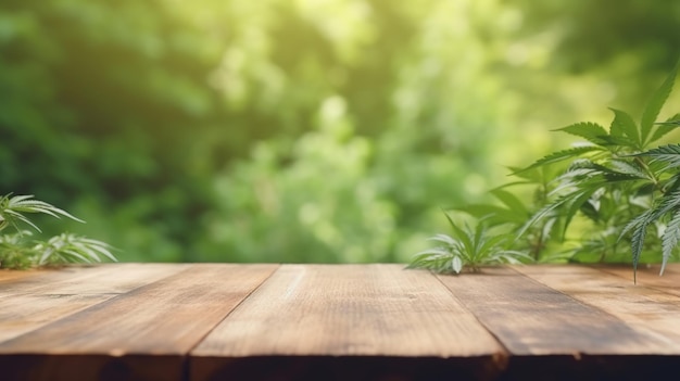 Limpie mejor la mesa de madera con una base nublada de plantas de cannabis Creative resource AI Generated