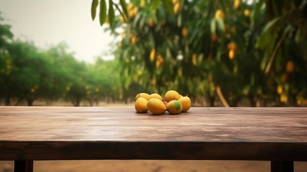 Limpie la mesa de madera específica del tiempo a partir del establecimiento tardío del árbol de mango. Recurso creativo Generado por IA.