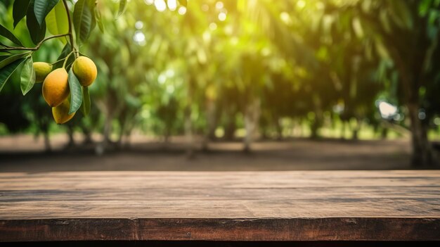 Limpie la mesa de madera específica del tiempo a partir del establecimiento tardío del árbol de mango. Recurso creativo Generado por IA.