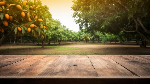Limpie la mesa de madera en particular del tiempo a partir de la última fundación del árbol de mango. Recurso creativo Generado por IA.