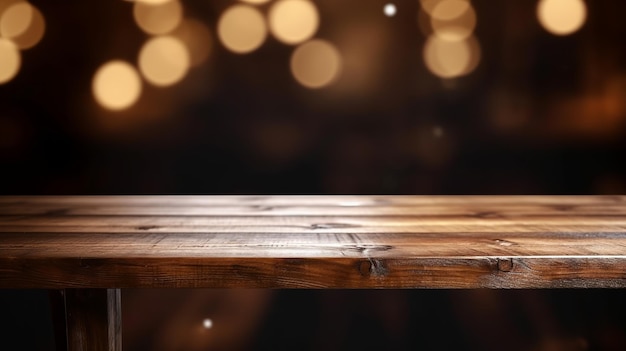 Limpie el ritmo de la mesa de madera con luces fuera del centro establecimiento de cocina de casa de campo de campo bokeh Recurso creativo Generado por IA