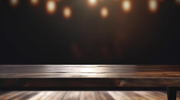 Limpie el ritmo de la mesa de madera con luces fuera del centro.