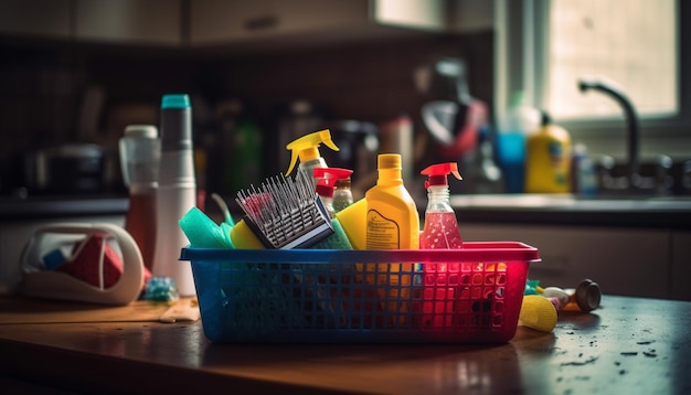 Foto limpie su cocina con líquido lavavajillas fresco y equipos generados por ia