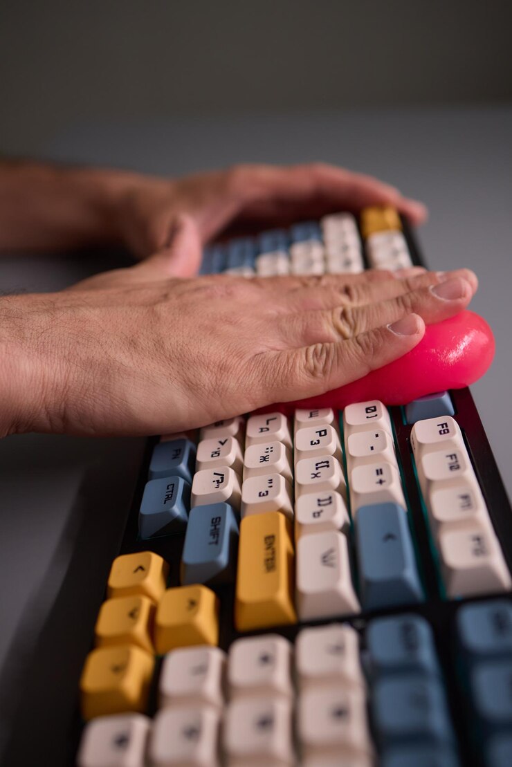 Foto limpie su teclado fácilmente con un limpiador de gel una solución eficiente para un espacio de trabajo libre de polvo