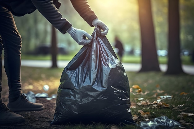 Limpieza de basura en bolsas en el parque Primer plano de un voluntario recogiendo residuos plásticos IA generativa