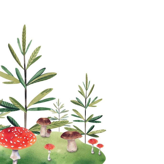 Limpieza del bosque con abetos, agaricos voladores y hongos porcini Ilustración en acuarela Pintada