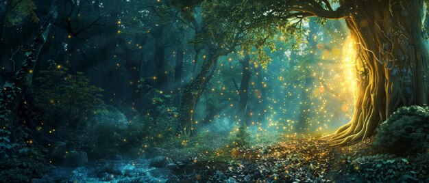 Limpieza de bosque mágico con un portal brillante a otro mundo AI Generative