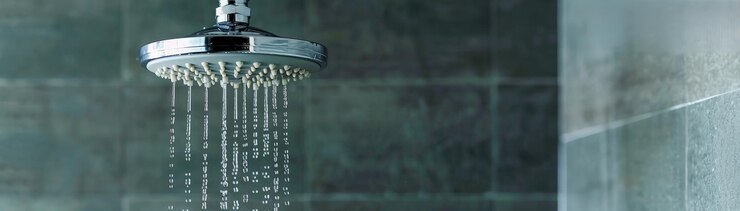 Limpieza brillante Primer plano de gérmenes en el baño Cabeza de ducha Enfatizando la higiene Espacio de copia disponible Profundidad de campo