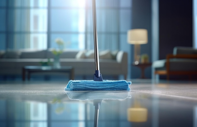 limpieza de la casa en la ciudad con un trapeador azul encima del vidrio