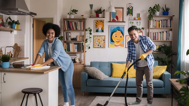 Foto la limpieza de la casa de una pareja joven es limpiar un apartamento