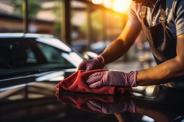 Foto limpieza del coche con un trapo de microfibra en el exterior