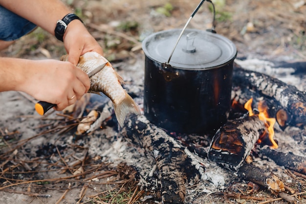 Limpieza y corte de pescado para caldo de pescado en la naturaleza cerca del fuego