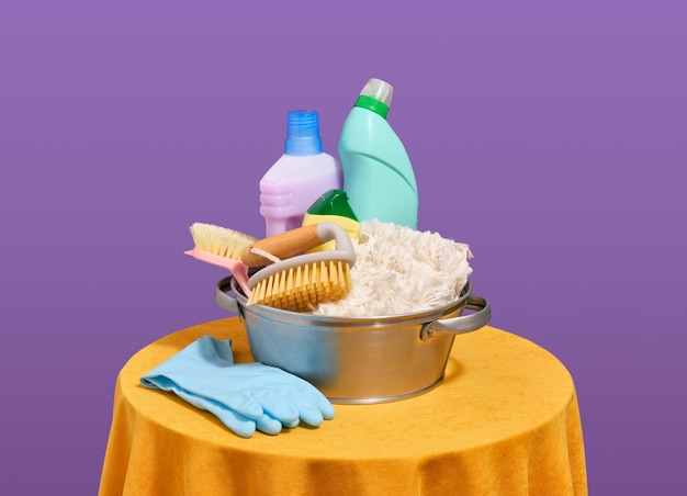 Limpieza doméstica suministros de limpieza y tiempo de lavado trapos guantes de limpia detergentes