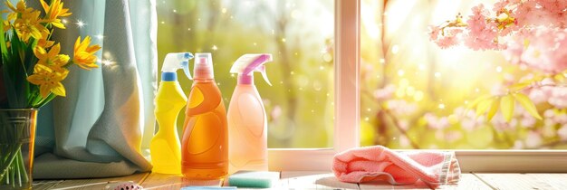 Foto limpieza de la imagen del producto con esponjas vibrantes trapos y botellas de pulverización en una mesa cerca de una ventana