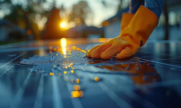 Limpieza manual con guantes del panel solar con esponja