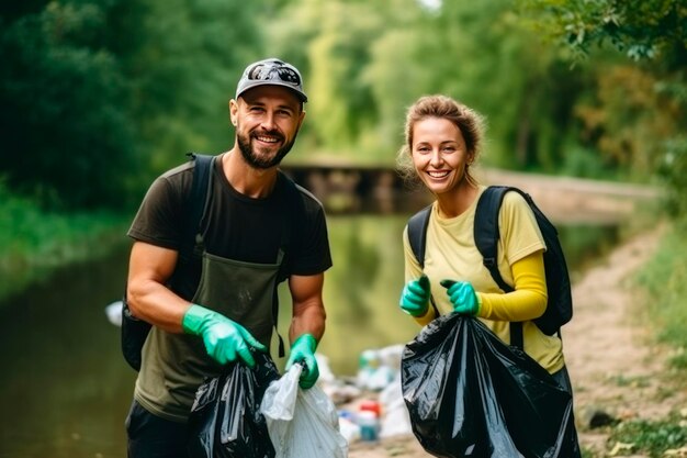 La limpieza de la naturaleza La familia con bolsas de basura en las manos recoge la basura cerca del estanque