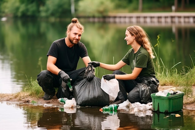 La limpieza de la naturaleza La familia con bolsas de basura en las manos recoge la basura cerca del estanque