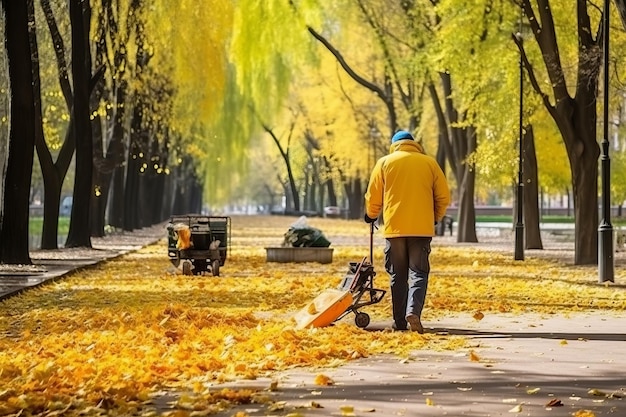 Foto limpieza de otoño en moscú el personal del parque está ocupado limpiando las hojas amarillas que caen con un soplador de hojas como visita