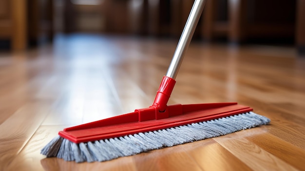Limpieza de pisos de parquet con limpiador de espuma de mopa y herramientas variadas en superficie de madera