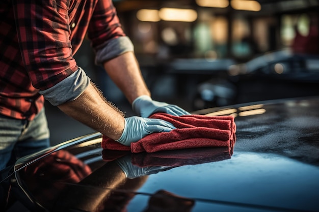 Limpieza de prevención del coronavirus mano con tela de microfibra limpieza de asiento de cuero auto detalle