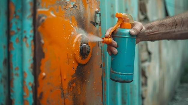 La limpieza y restauración de superficies oxidadas mediante pulverización manual del líquido de la botella con el concepto de "hombre en el trabajo" (Simple Style Man at Work)