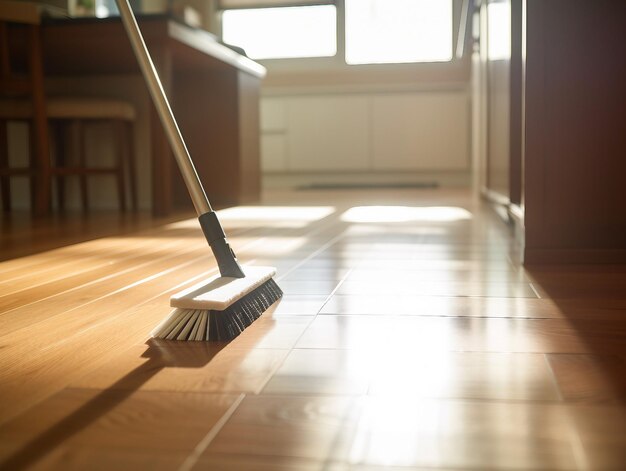 Limpieza del suelo de la sala de estar en la casa