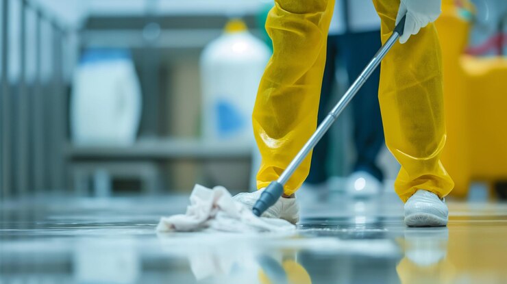 Limpieza en el trabajo en uniforme limpio con equipo de limpieza de cerca