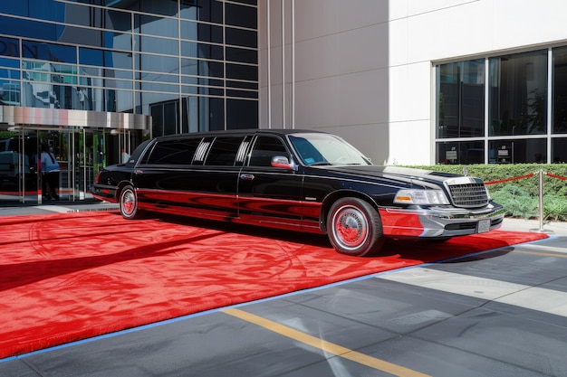 Foto una limusina negra estacionada en una alfombra roja frente a un edificio