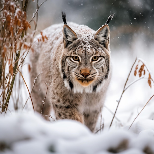 Un lince camina por la nieve y está nevando.