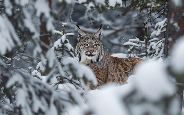 El lince cazador de invierno vaga por el bosque cubierto de nieve